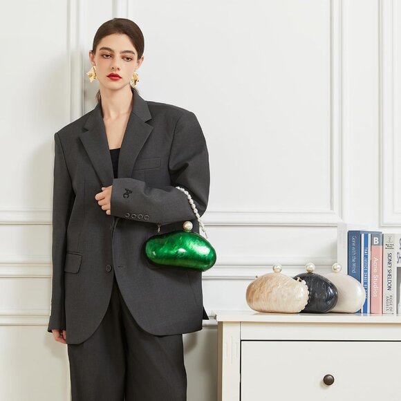 Acrylic Evening Clutch Purse for Women Dark Green Pearl Chain Chic Handbag - Picture 3 of 8